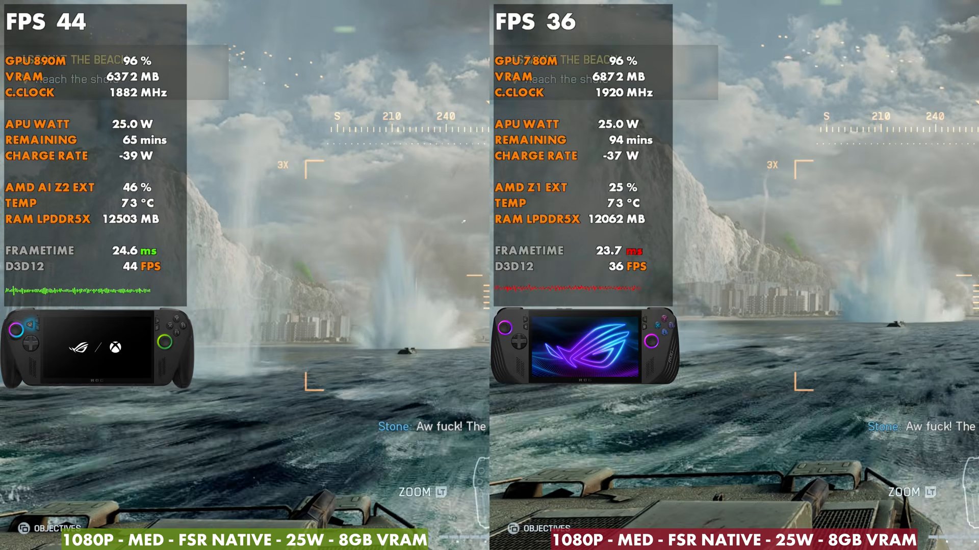 Xbox Ally X at 44 FPS vs ROG Ally X at 36 FPS at 1080p Medium FSR Native, 25 W