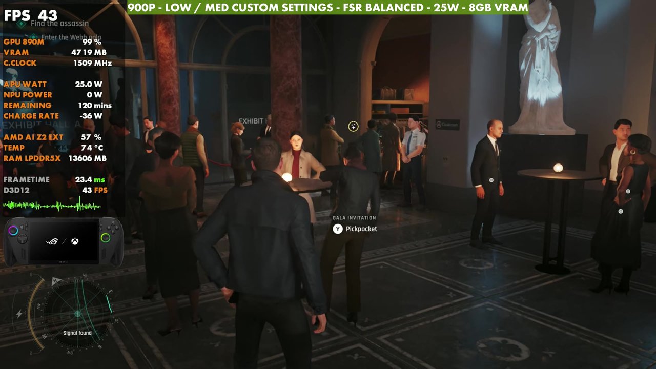 007 First Light at a crowded gala on the ROG Xbox Ally X, overlay reading 43 FPS