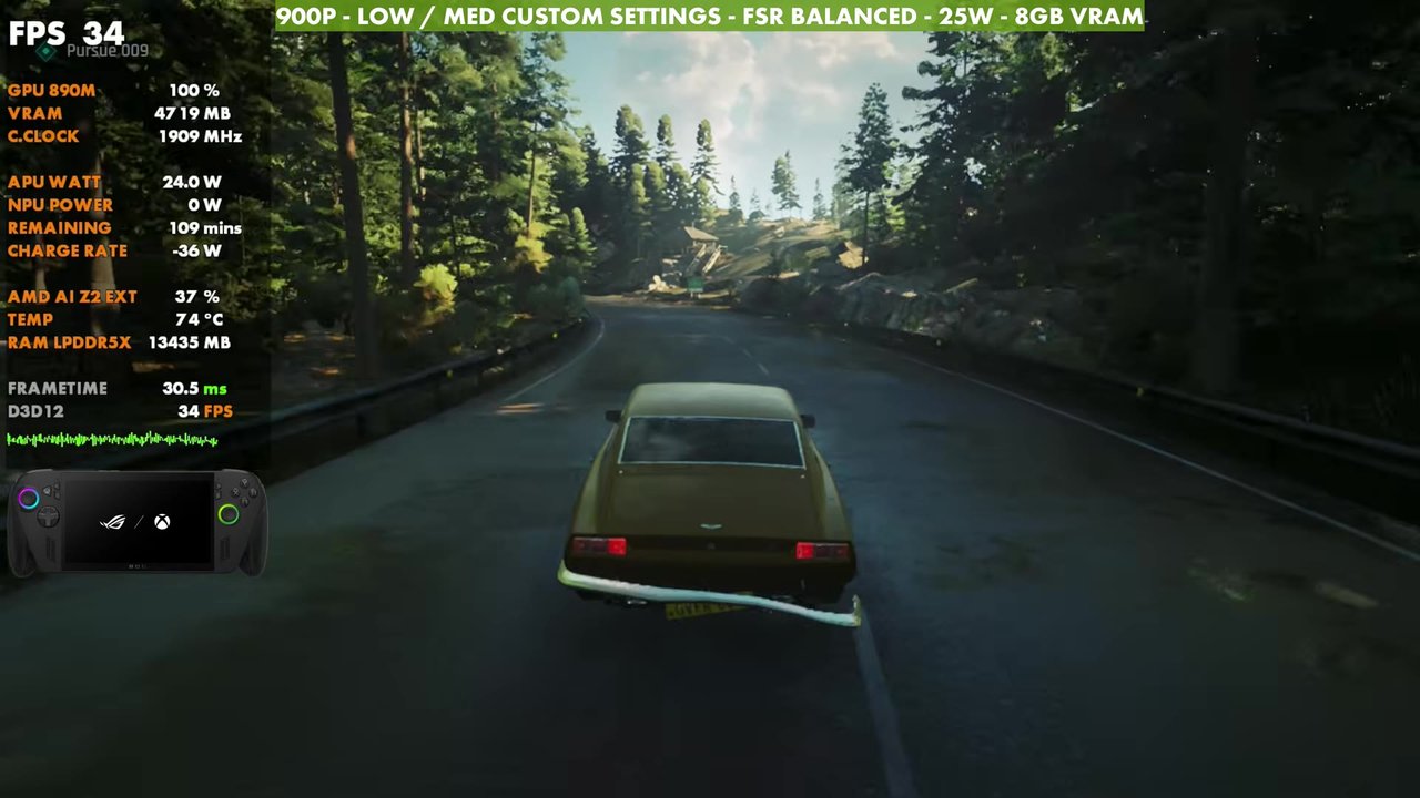 007 First Light driving through a forest on the ROG Xbox Ally X, overlay reading 34 FPS