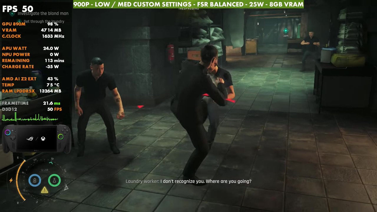 007 First Light hand-to-hand fight in a laundry room on the ROG Xbox Ally X, overlay reading 50 FPS