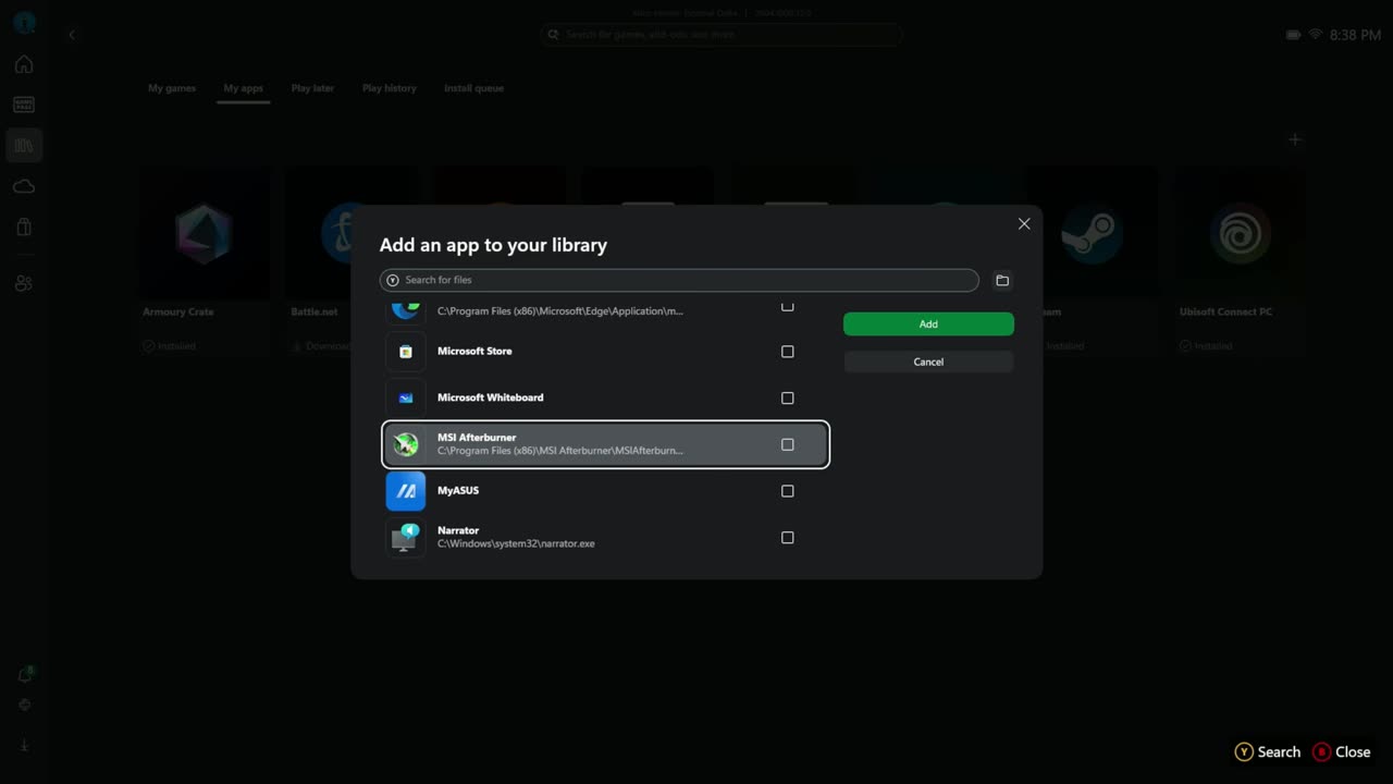 Add an app to your library window in Xbox mode on the ROG Xbox Ally X