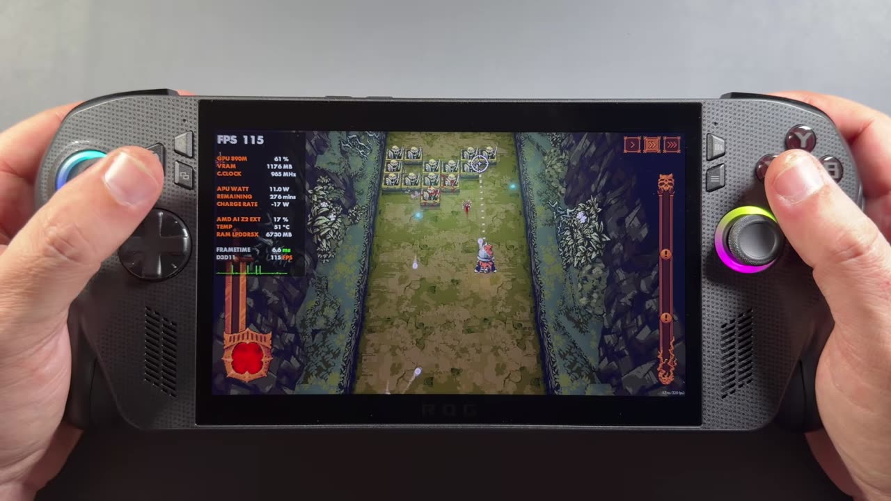 Gameplay on the ROG Xbox Ally X with the performance overlay on screen
