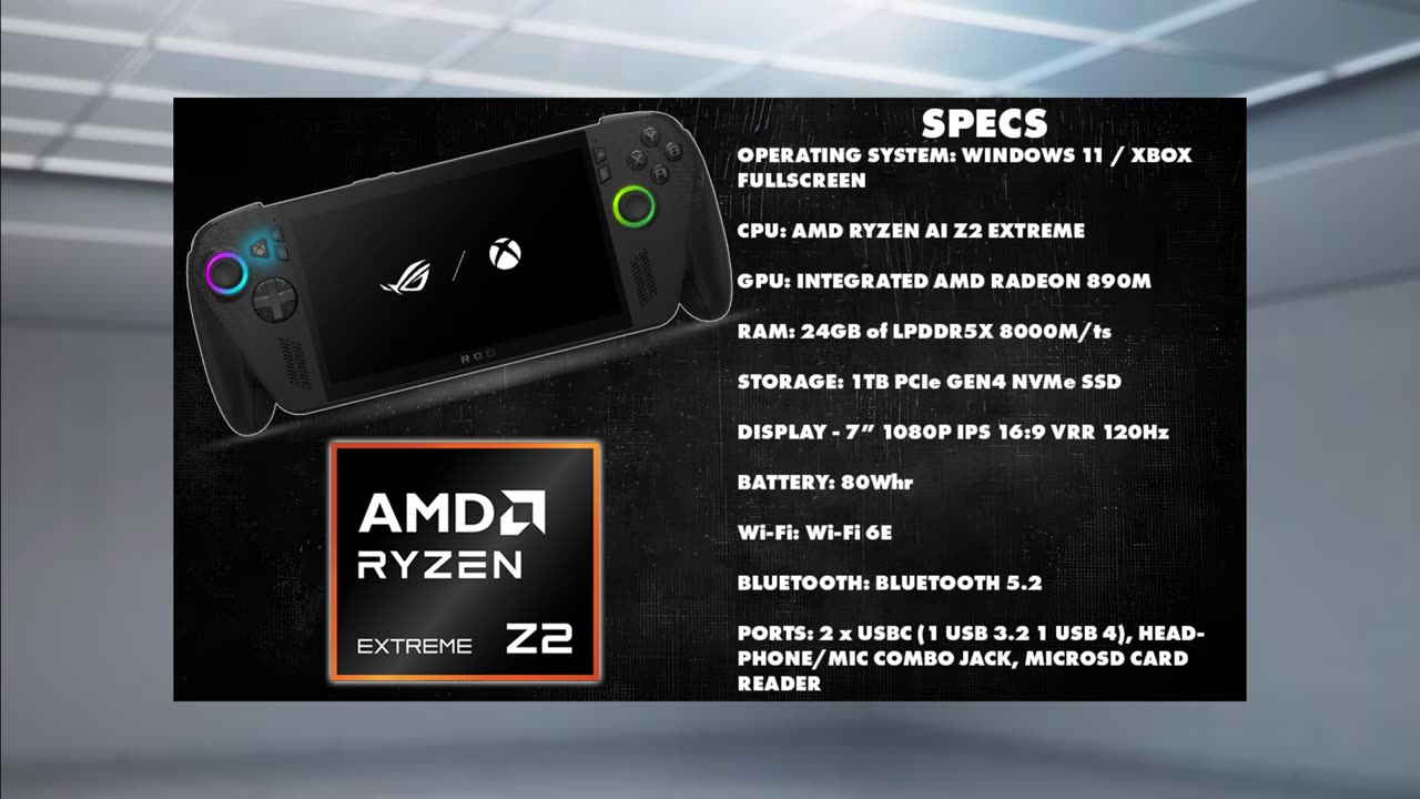 ROG Xbox Ally X specs: Ryzen AI Z2 Extreme, Radeon 890M, 24GB LPDDR5X, 1TB SSD, 7-inch 1080p 120Hz VRR display, 80Wh battery