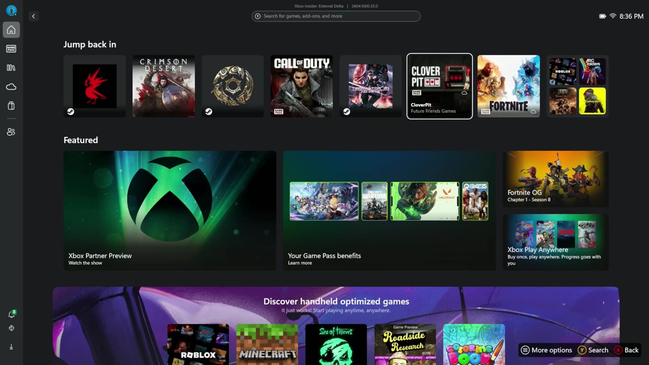 Xbox mode home screen on the ROG Xbox Ally X with the Jump back in row and featured games