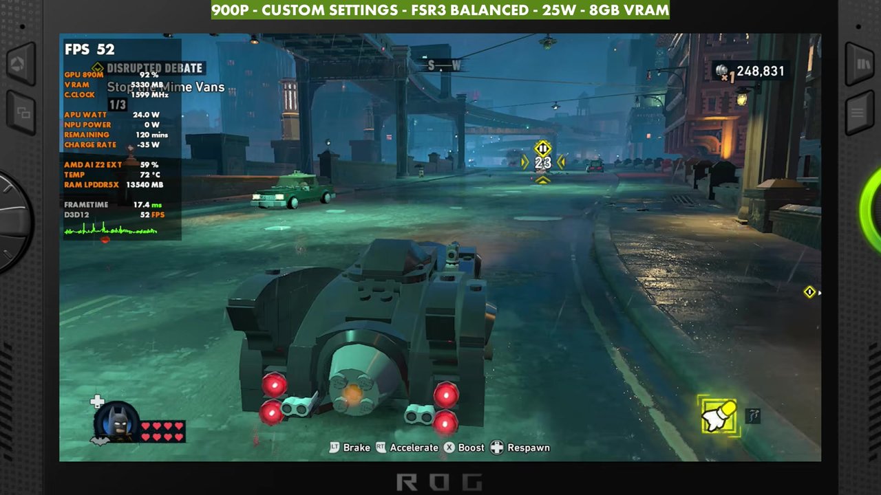 LEGO Batman driving the Batmobile on the ROG Xbox Ally X at 25W, overlay reading 52 FPS