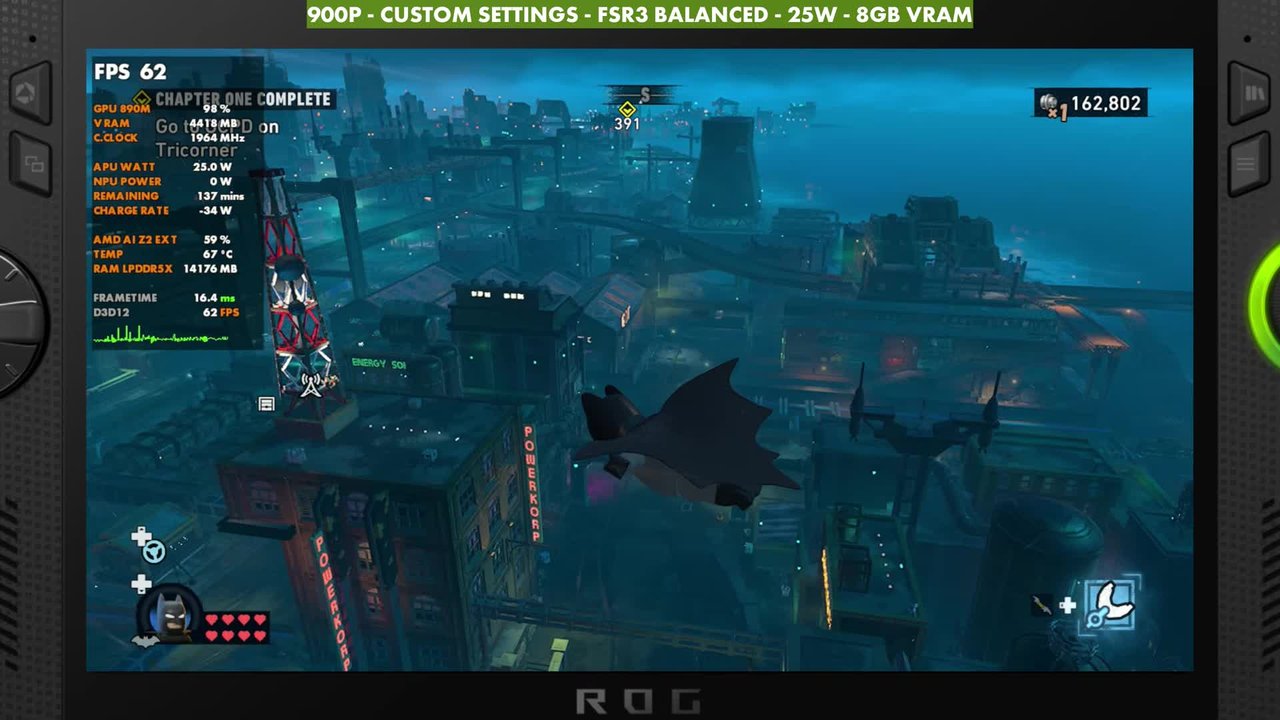 LEGO Batman gliding high above Gotham on the ROG Xbox Ally X at 900p FSR3 Balanced 25W, overlay reading 62 FPS
