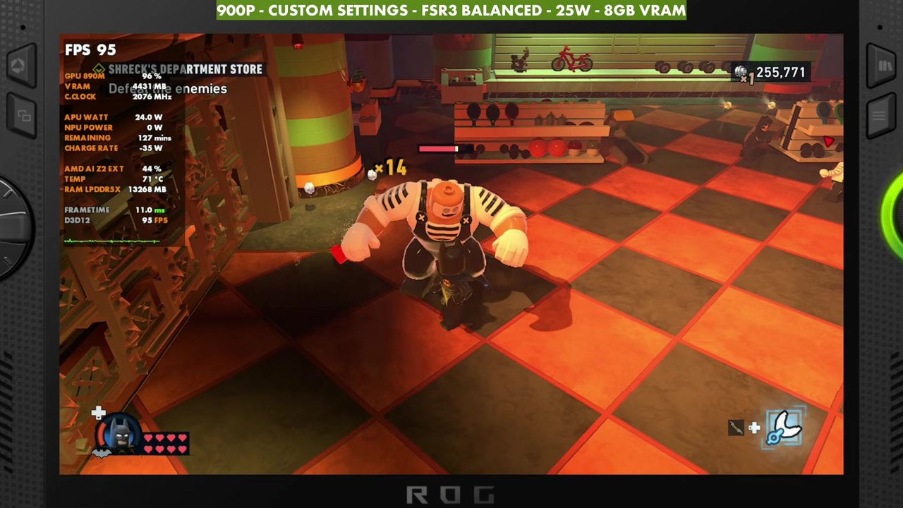 LEGO Batman indoor department store mission on the ROG Xbox Ally X at 25W, overlay reading 95 FPS