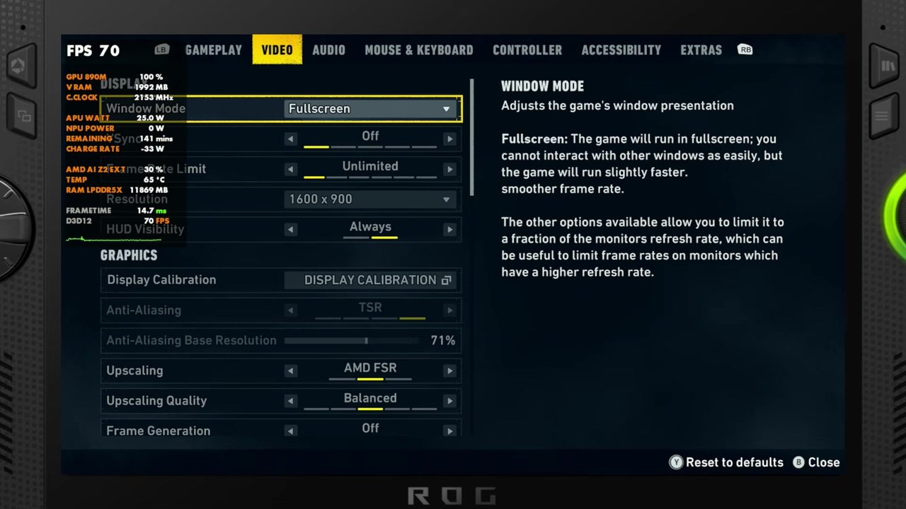 LEGO Batman video settings on the ROG Xbox Ally X at 1600x900 with AMD FSR Balanced