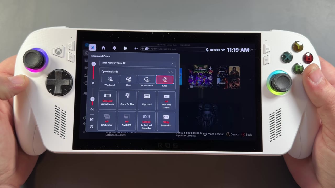 Command Center on the ROG Xbox Ally showing the Windows, Silent, Performance and Turbo operating modes