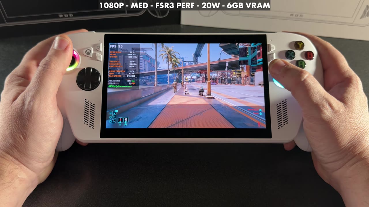 Cyberpunk 2077 on the ROG Xbox Ally at 1080p medium with FSR 3 Performance, 20W