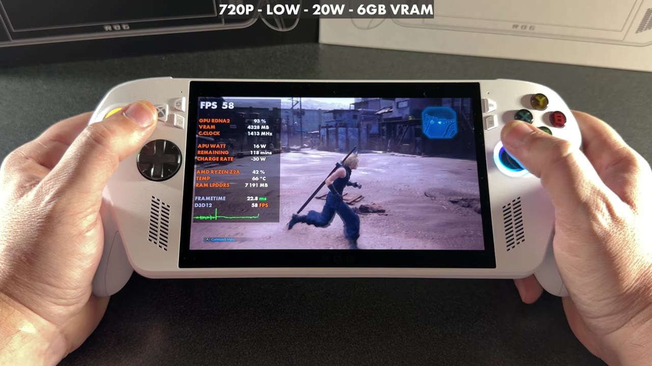 Final Fantasy VII Remake on the ROG Xbox Ally at 720p low, 20W