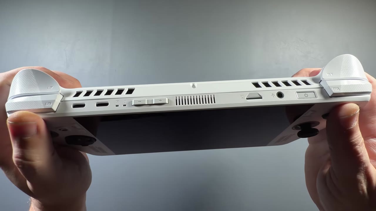 Top edge of the white ROG Xbox Ally with ports, vents and triggers
