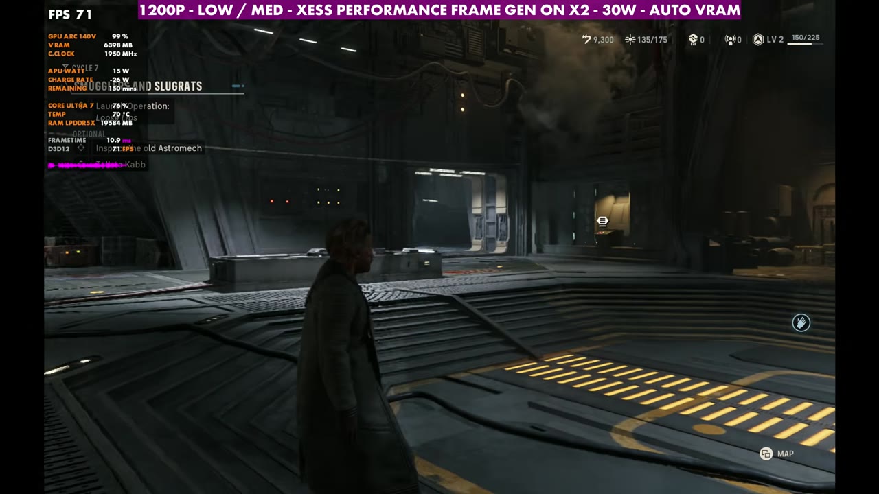 Star Wars: Zero Company on MSI Claw 8 AI+ with frame gen 2x at 71 FPS in the hub, 1200p XeSS Performance, 30W
