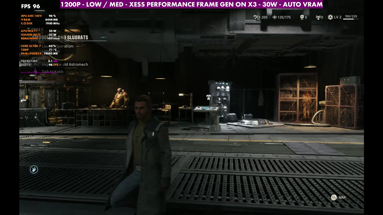 Star Wars: Zero Company on MSI Claw 8 AI+ with frame gen 3x at 96 FPS in the hub, 1200p XeSS Performance, 30W