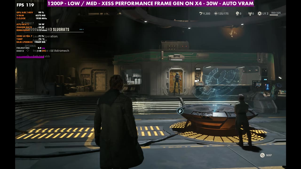 Star Wars: Zero Company on MSI Claw 8 AI+ with frame gen 4x at 119 FPS in the hub, 1200p XeSS Performance, 30W
