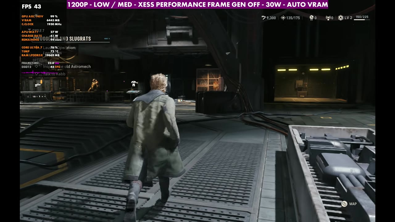 Star Wars: Zero Company on MSI Claw 8 AI+ in the hub at 43 FPS, 1200p custom low/medium, XeSS Performance, 30W, frame gen off