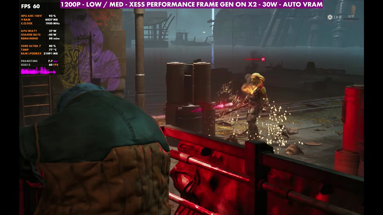 Star Wars: Zero Company mission on MSI Claw 8 AI+ with frame gen 2x at 60 FPS, 1200p XeSS Performance, 30W