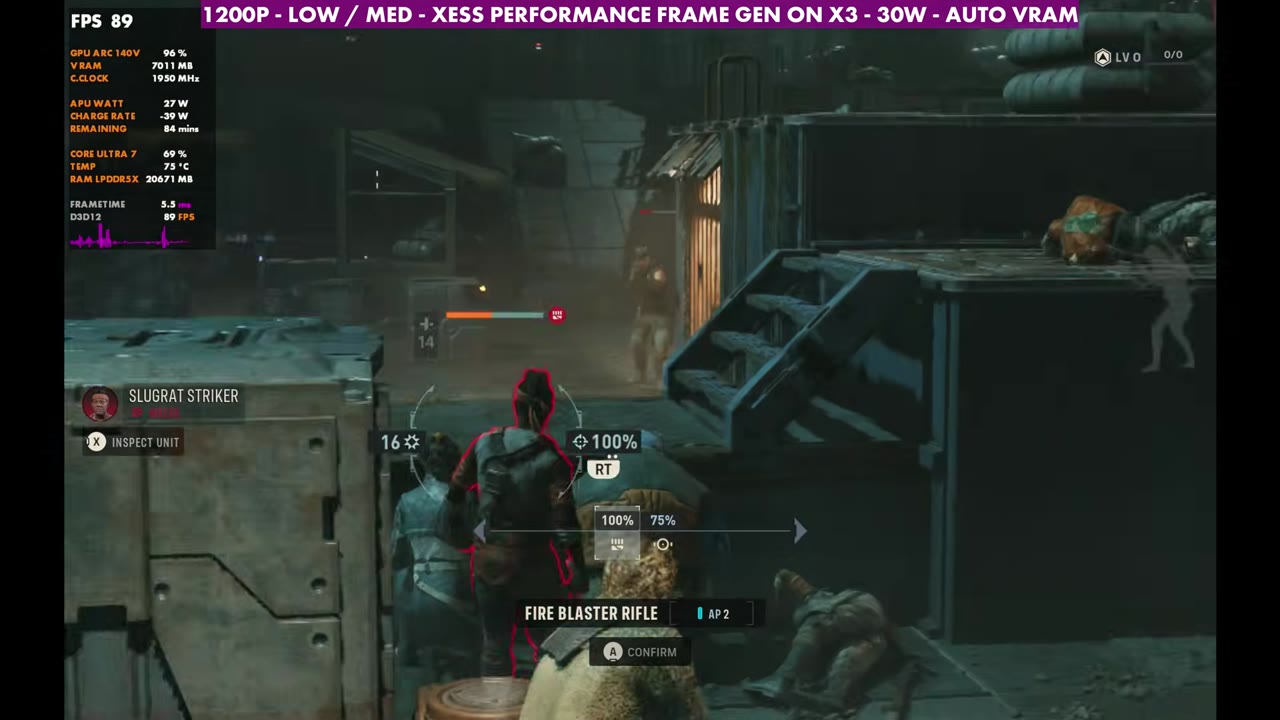 Star Wars: Zero Company mission on MSI Claw 8 AI+ with frame gen 3x at 89 FPS, 1200p XeSS Performance, 30W