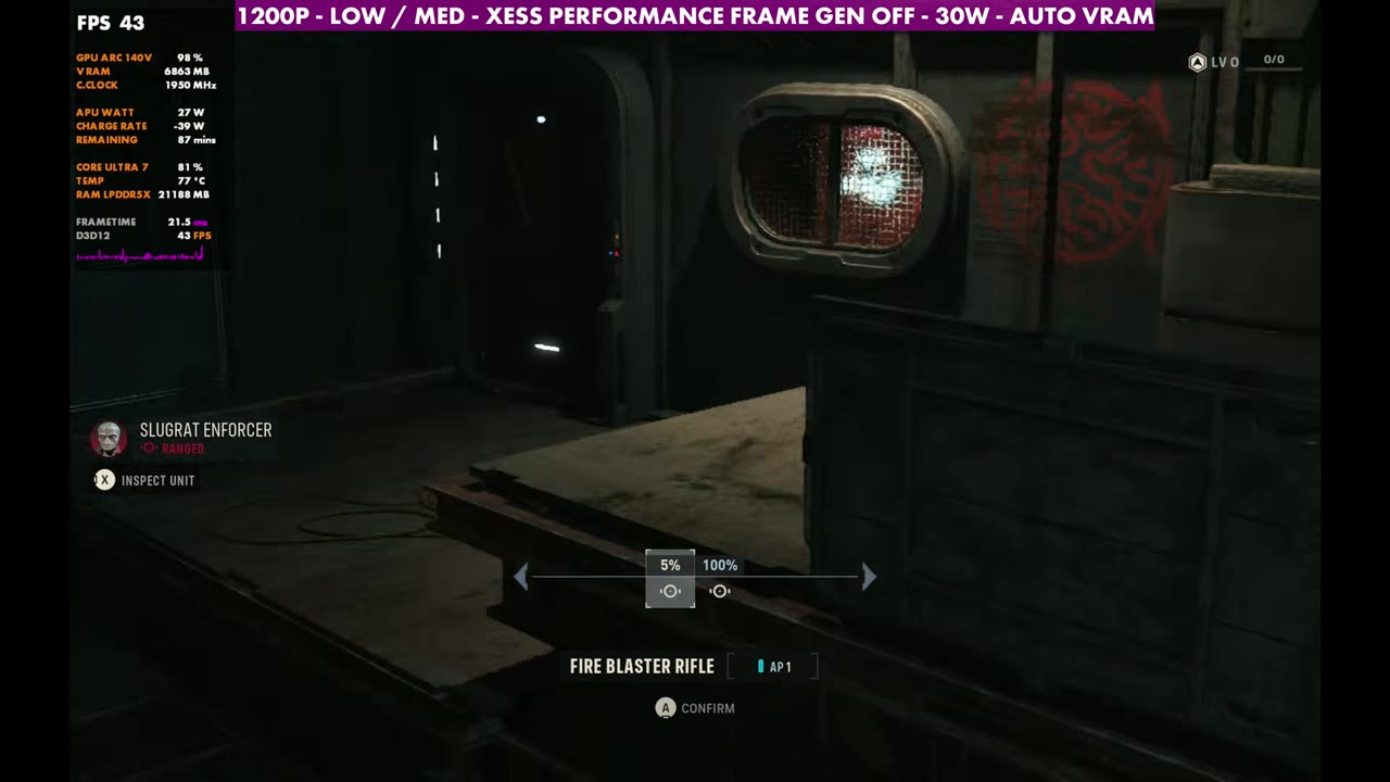Star Wars: Zero Company mission on MSI Claw 8 AI+ at 43 FPS, 1200p custom low/medium, XeSS Performance, 30W, frame gen off