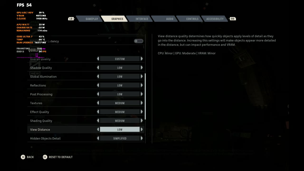 Star Wars: Zero Company custom low and medium quality settings on the MSI Claw 8 AI+