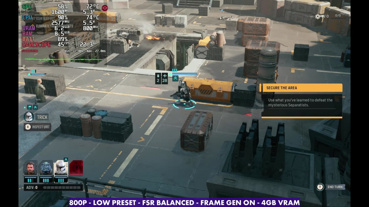 Star Wars: Zero Company on Steam Deck OLED, 800p Low, FSR Balanced, frame gen on, overlay reading 45 FPS