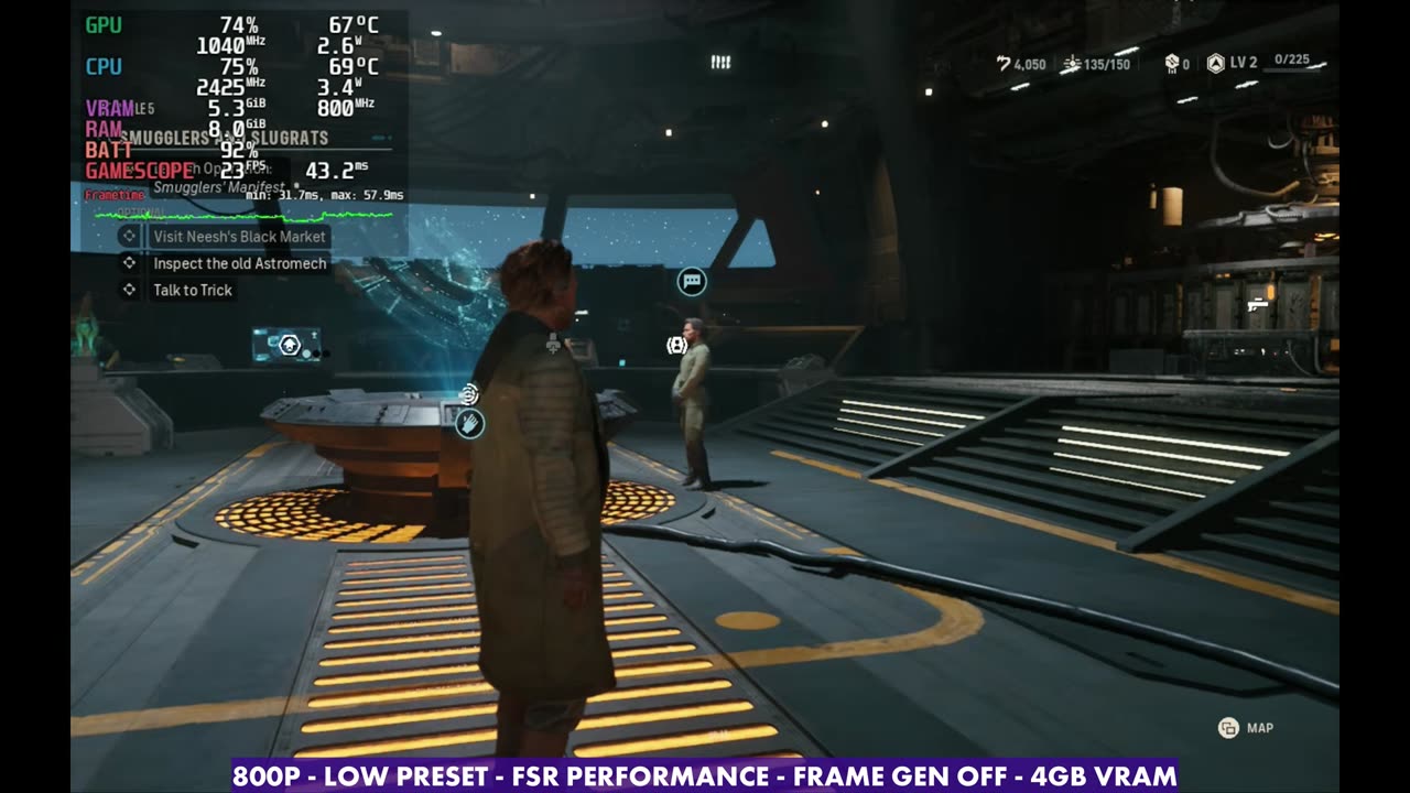 Star Wars: Zero Company on Steam Deck OLED, 800p Low with FSR Performance, frame gen off, overlay reading 23 FPS