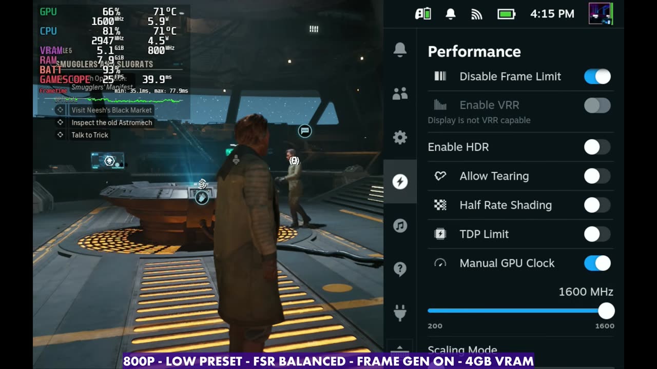 Steam Deck performance menu with Manual GPU Clock on at 1600 MHz while running Star Wars: Zero Company
