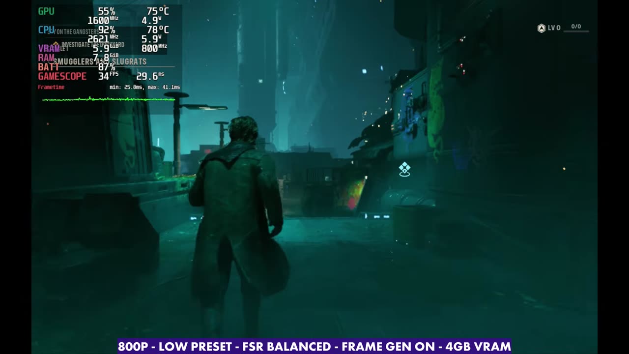Star Wars: Zero Company mission on Steam Deck OLED with frame gen on, 800p Low, FSR Balanced, overlay reading 34 FPS