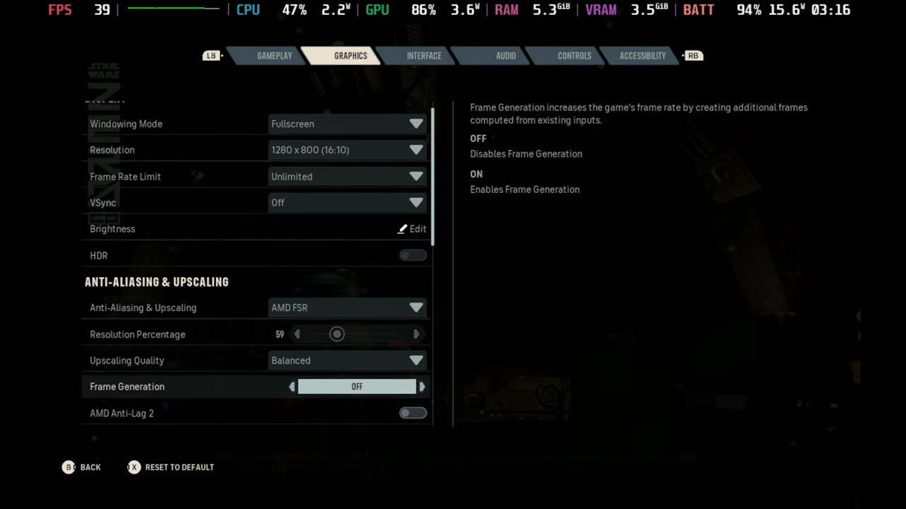 Star Wars: Zero Company display and upscaling settings on Steam Deck: 1280x800 full screen, unlimited frame rate, V-Sync off, AMD FSR Balanced, frame gen off