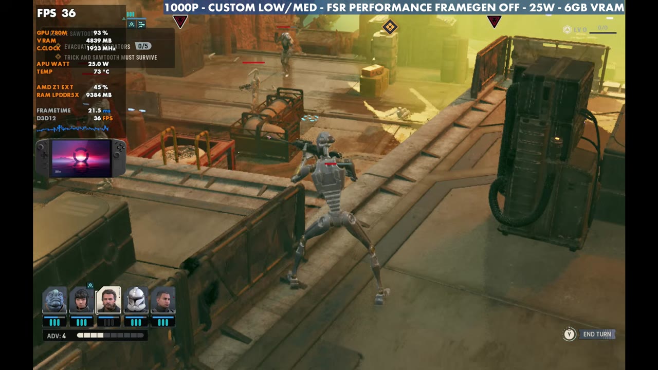 Star Wars: Zero Company battle on Legion Go Z1 Extreme at 36 FPS, 1000p custom low/medium, FSR Performance, 25W, frame gen off