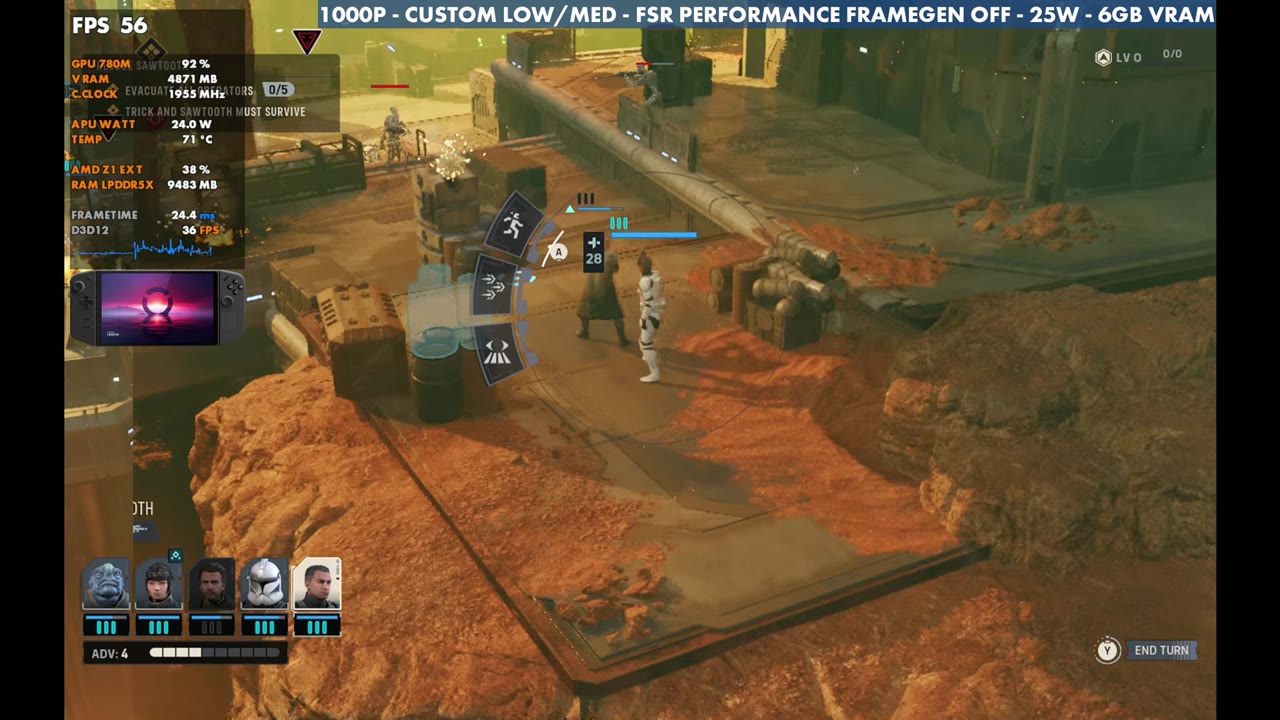 Star Wars: Zero Company battle on Legion Go Z1 Extreme at 56 FPS, 1000p custom low/medium, FSR Performance, 25W, frame gen off