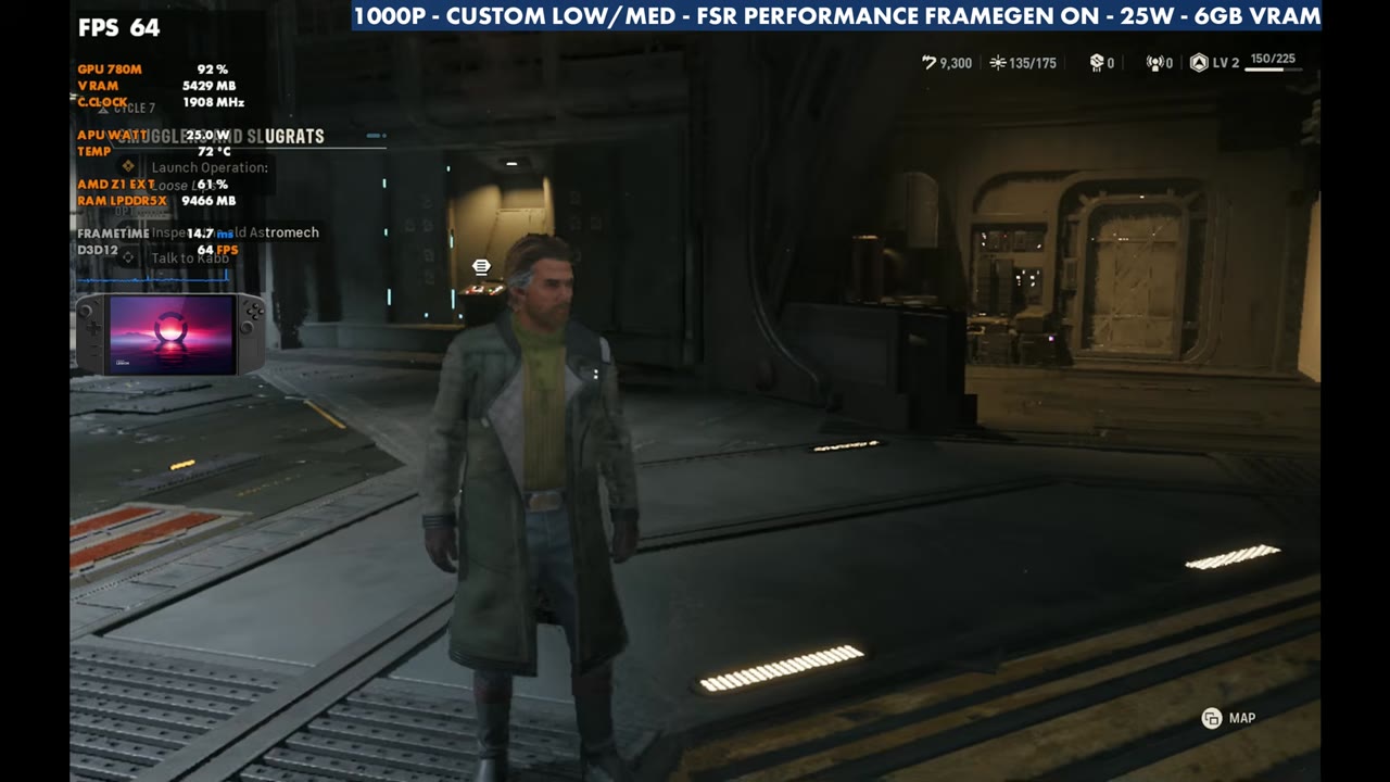 Star Wars: Zero Company on Legion Go Z1 Extreme at 64 FPS with frame gen on, 1000p custom low/medium, FSR Performance, 25W