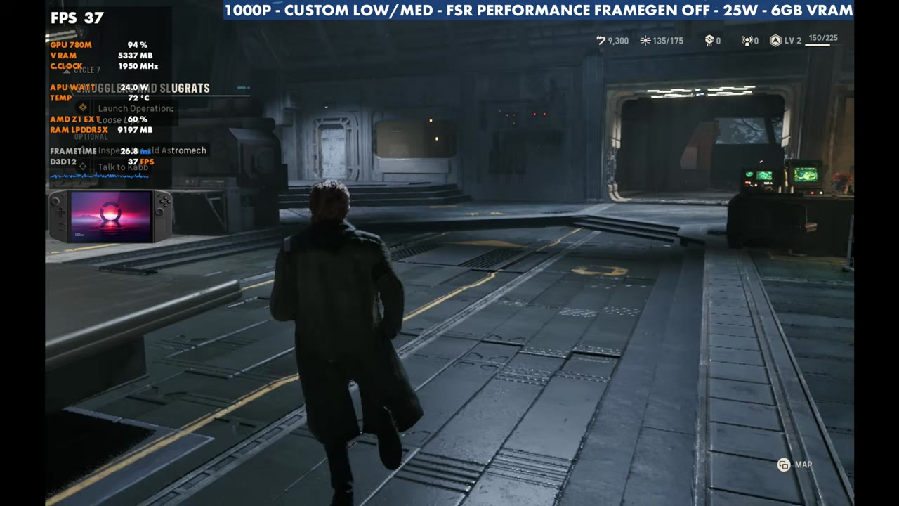 Star Wars: Zero Company on Legion Go Z1 Extreme at 37 FPS in the hub, 1000p custom low/medium, FSR Performance, 25W