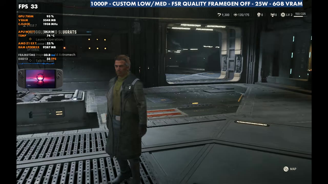 Star Wars: Zero Company on Legion Go Z1 Extreme at 33 FPS, 1000p custom low/medium, FSR Quality, 25W
