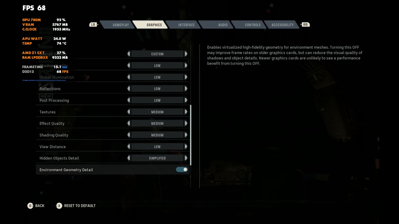 Star Wars: Zero Company custom low and medium graphics settings on the Legion Go Z1 Extreme