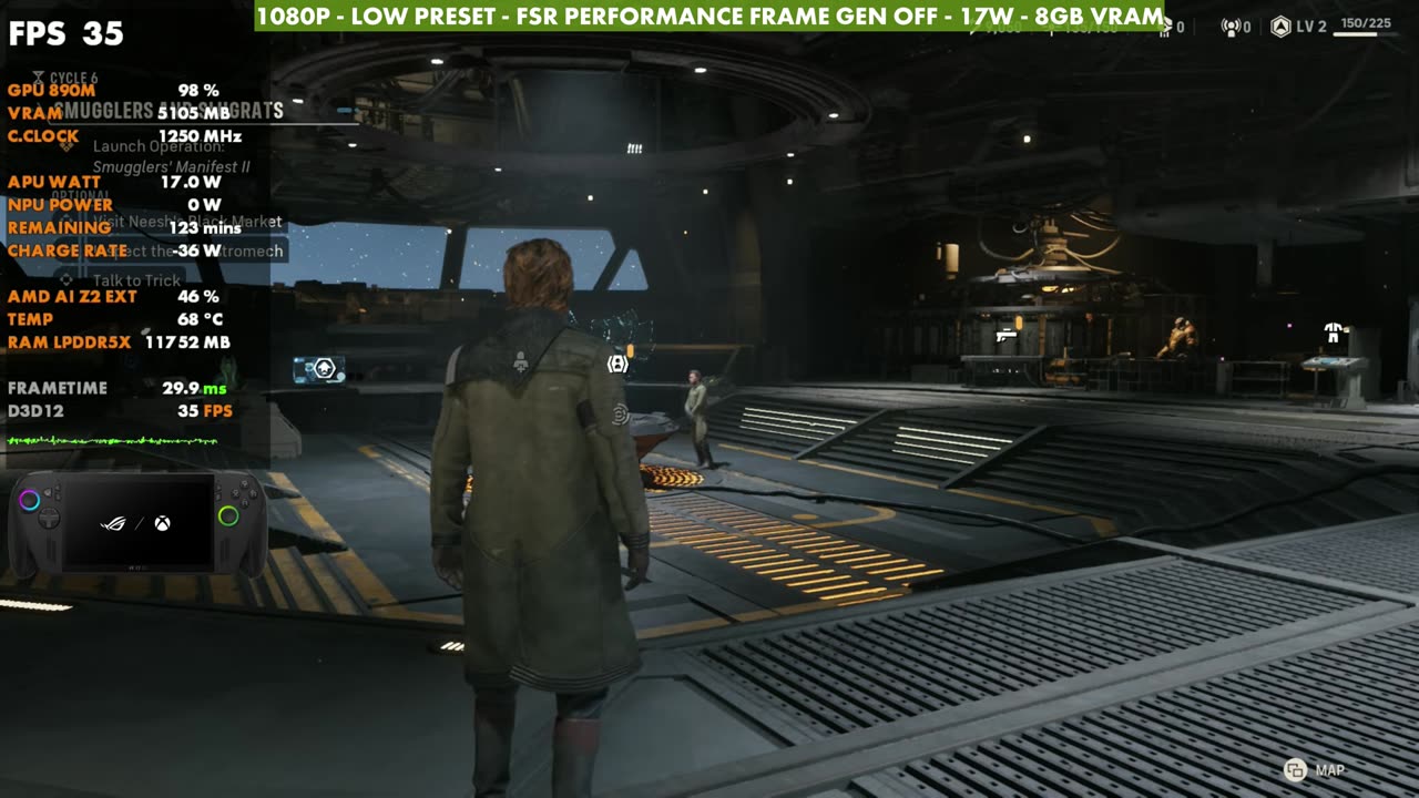 Star Wars: Zero Company on ROG Xbox Ally X, 1080p Low preset, FSR Performance, 17W, overlay reading 35 FPS in the hub