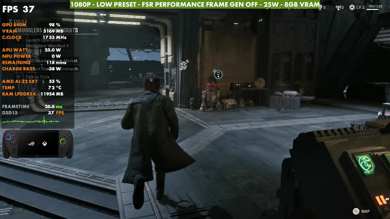 Star Wars: Zero Company on ROG Xbox Ally X, 1080p Low preset, FSR Performance, frame gen off, 25W, overlay reading 37 FPS in the hub