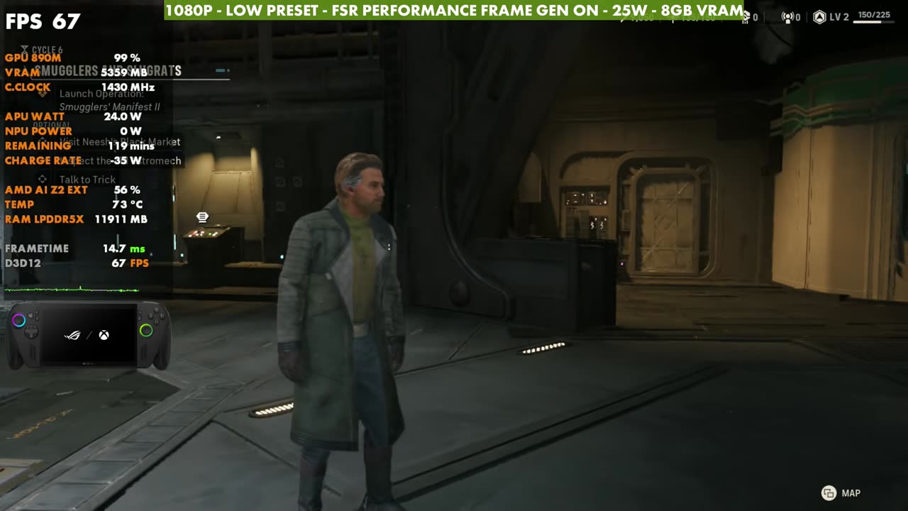 Star Wars: Zero Company on ROG Xbox Ally X, 1080p Low preset, FSR Performance, frame gen on, 25W, overlay reading 67 FPS