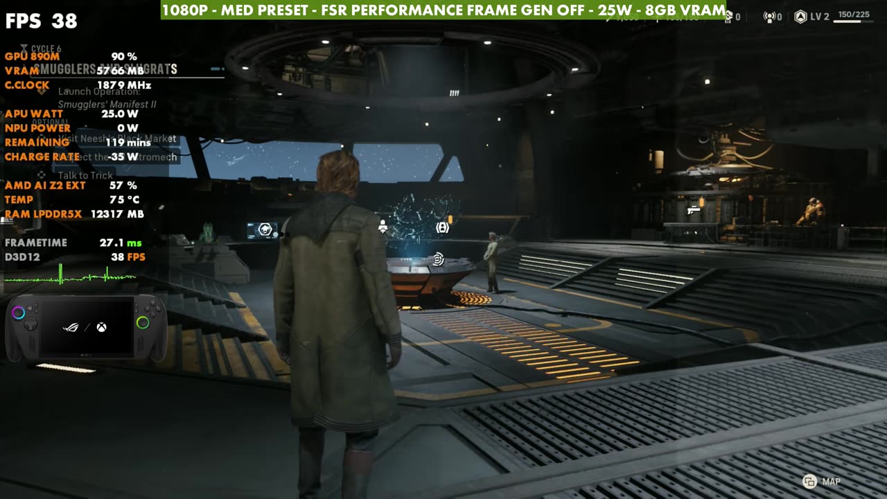 Star Wars: Zero Company on ROG Xbox Ally X, 1080p Medium preset, FSR Performance, frame gen off, 25W, overlay reading 38 FPS in the hub