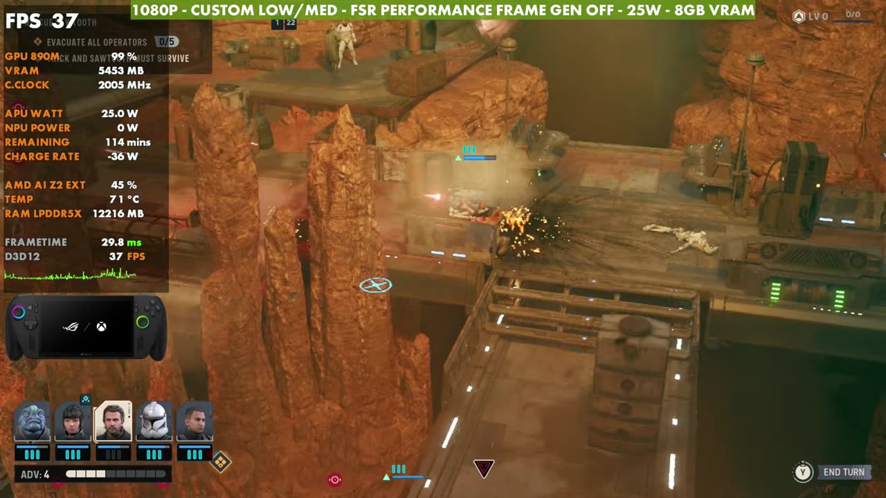 Star Wars: Zero Company mission on ROG Xbox Ally X with custom low/medium settings, 1080p FSR Performance, 25W, overlay reading 37 FPS