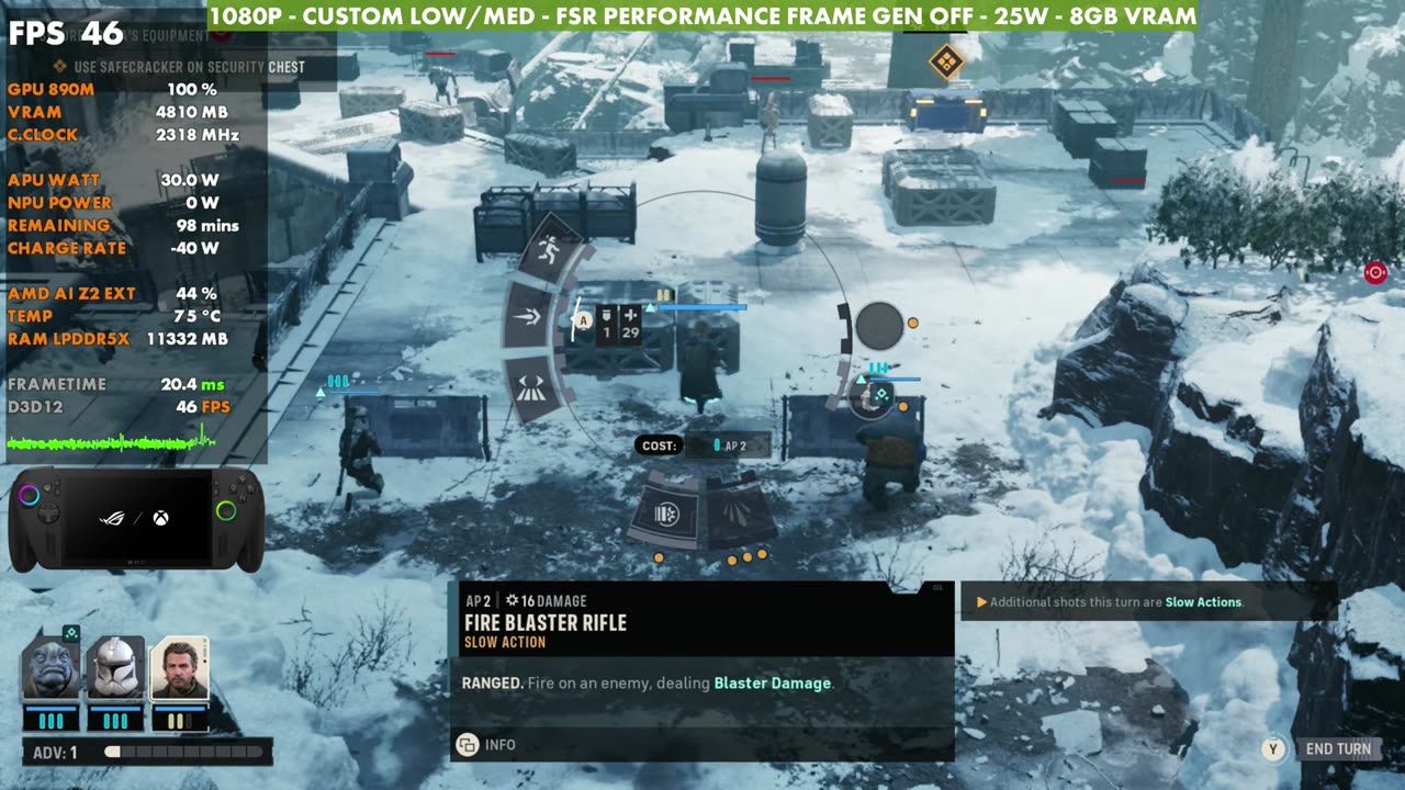 Star Wars: Zero Company snow mission on ROG Xbox Ally X with custom low/medium settings, 1080p FSR Performance, 25W, overlay reading 46 FPS